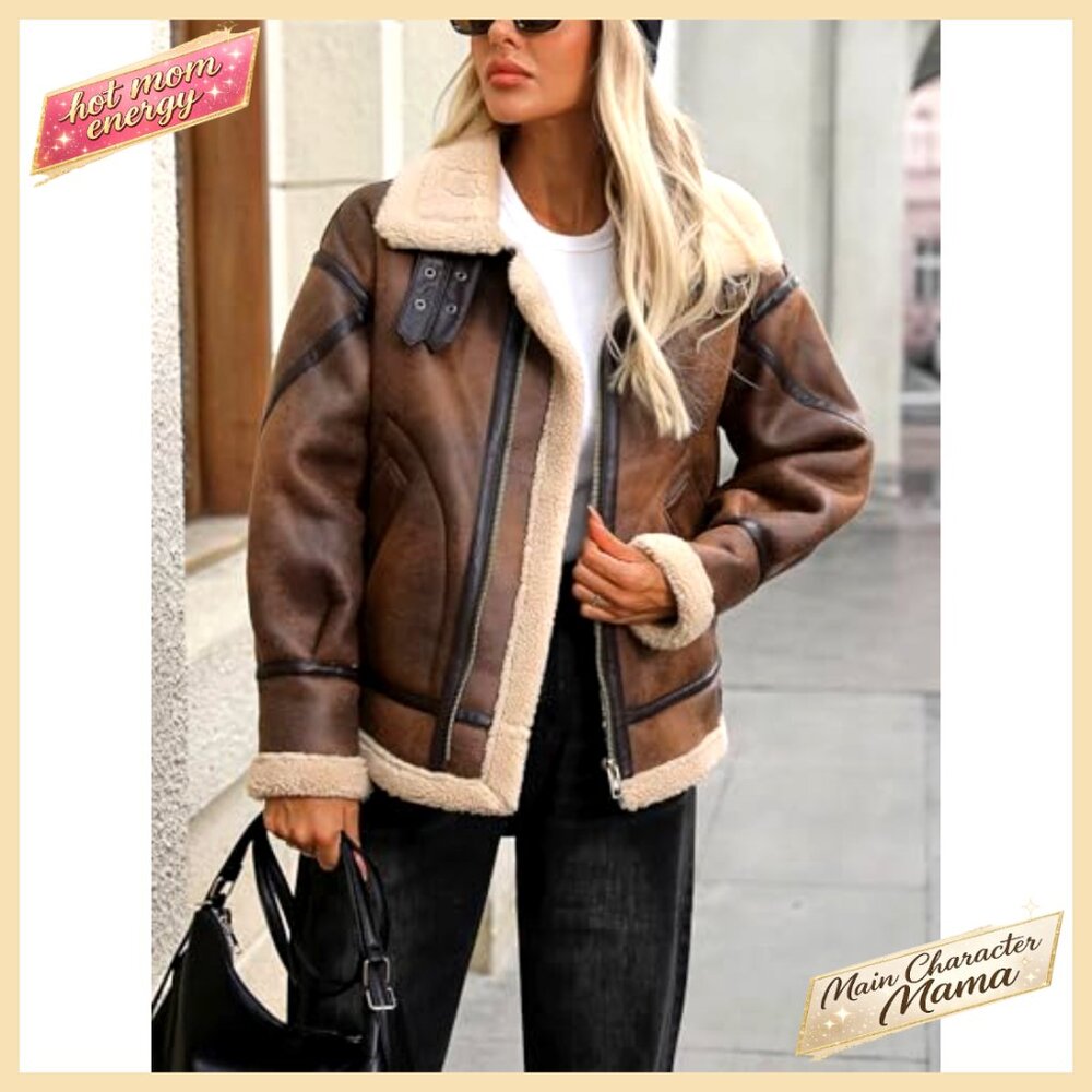 Faux Leather Sherpa Lined Bomber Jacket Aviator Style Winter Coat - Picture 3 of 7